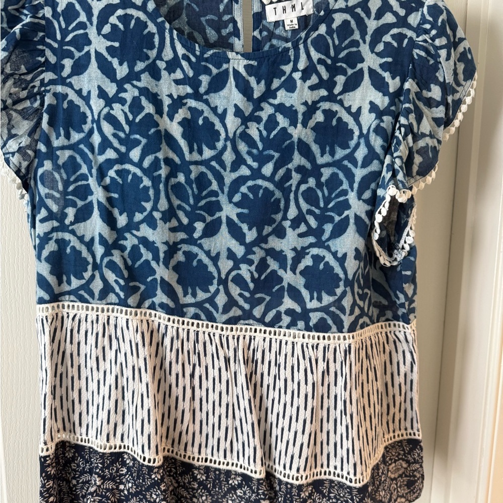 THML Blue Peplum Blouse with Mandarin Collar